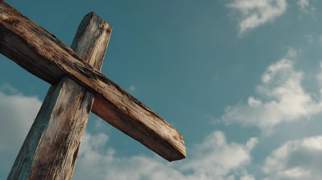 Wooden Cross Portrait with Sky and Clouds