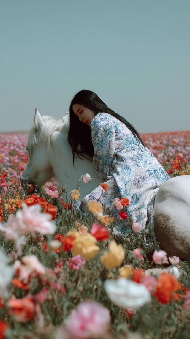 Dreamlike Photo Woman Horse Flowers