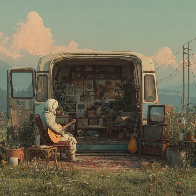 Artist Painting Outdoors in a Vintage Van