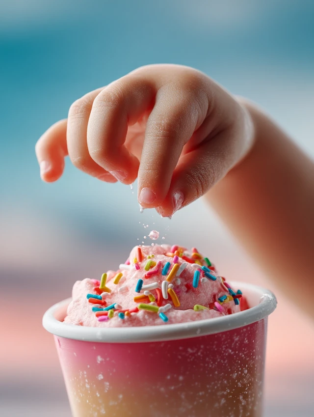 Childs Hand Dipping Finger into Ice Cream Close Up