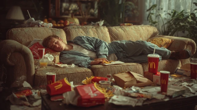 Man Sleeps on Couch Surrounded by McDonalds