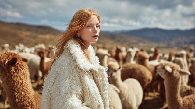 Woman in Llama Fur Coat in Andes Mountains