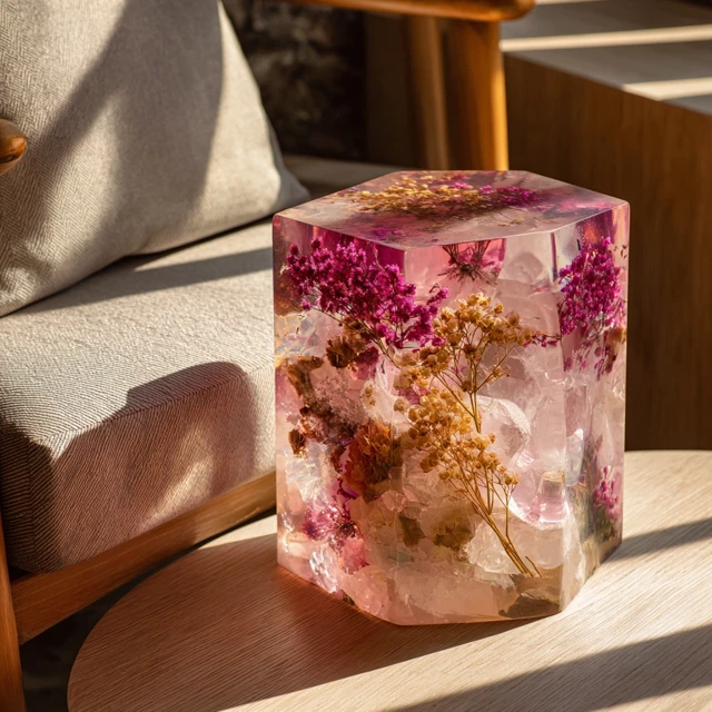 Pink Resin Side Table with Embedded Dried Flowers