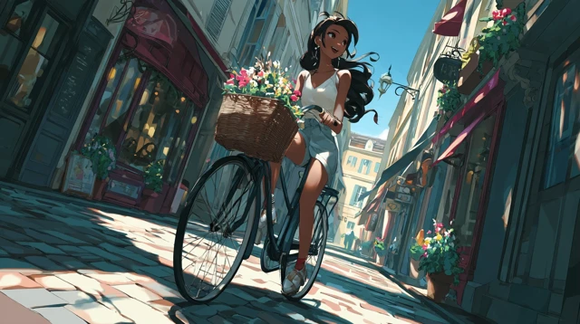 Anime Girl on a Bicycle in a European Street