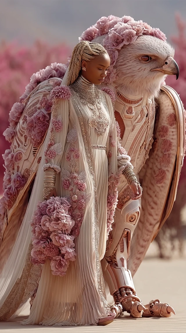 Jordanian Mafia Princess and Cybernetic Falcon in Petra Sunrise