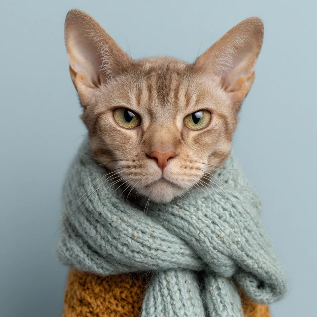 Sad Angry Cornish Rex Cat in Scarf