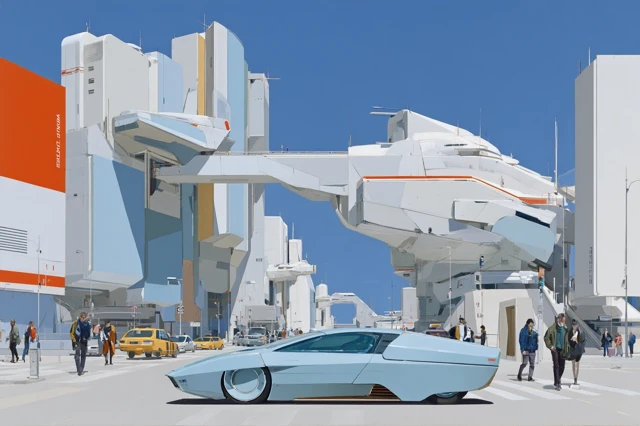 Futuristic LA Oil Painting Sci Fi City Cars and People