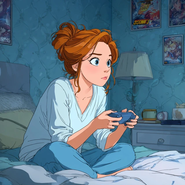 Anime Woman Playing Video Games In Her Bedroom