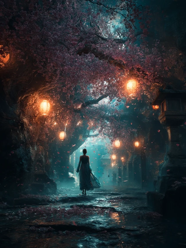 Magical Japanese Night Scene Cherry Blossom Tunnel