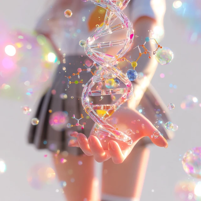 DNA Art: Pastel Girl and Floating Molecule Illustration