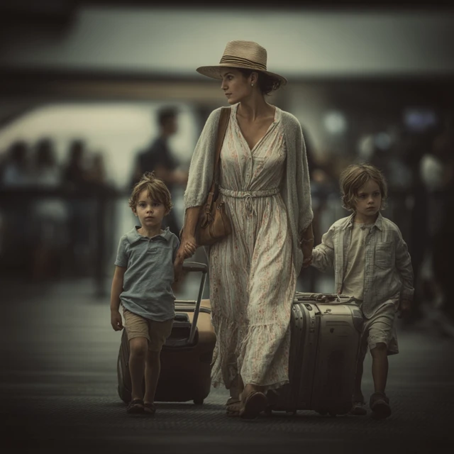 American Mother and Children at Airport A Journey to the Future