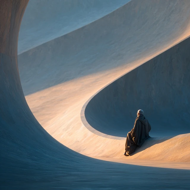 Sci Fi Scene Monk Contemplation Serene View Golden Hour