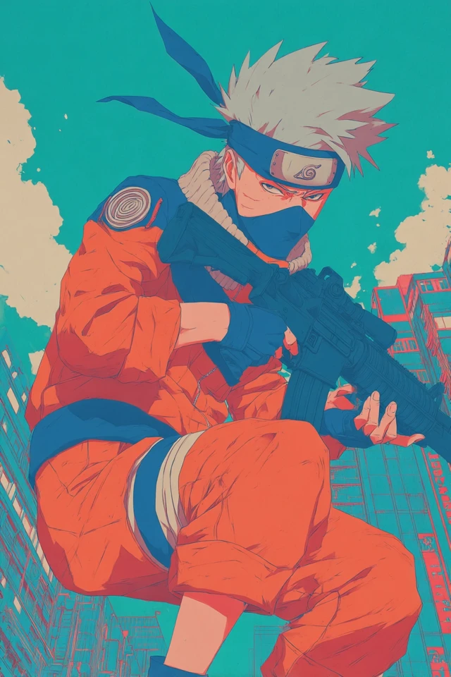 Anime Warrior Illustration Spiky Haired Character with Gun