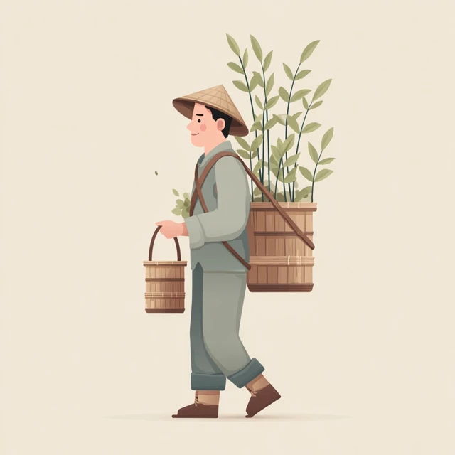 Asian Farmer With Bamboo Basket Illustration