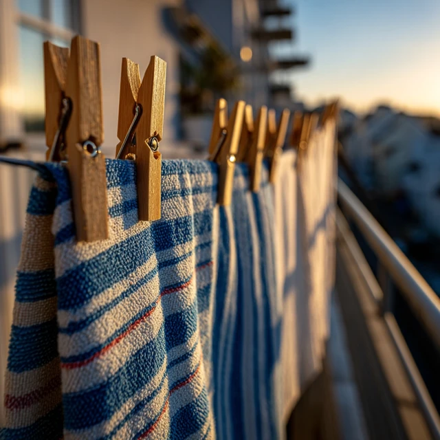 Morning Laundry: Towels Drying on Balcony Clothesline
