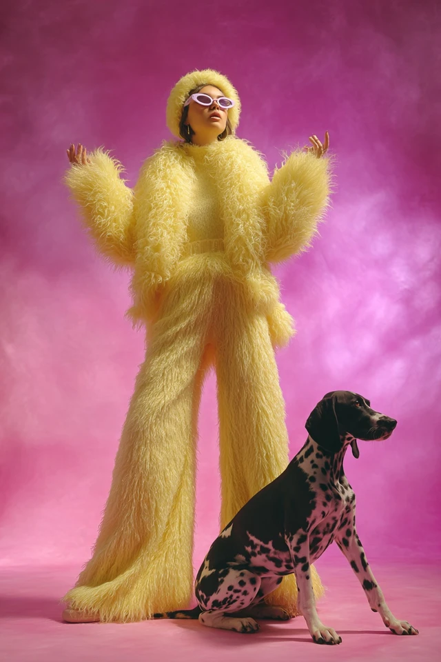 Fashion Portrait in Yellow Faux Fur with Dalmatian