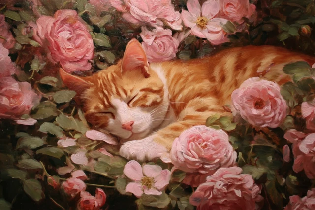 Sleeping Cat in Roses Cottagecore Painting