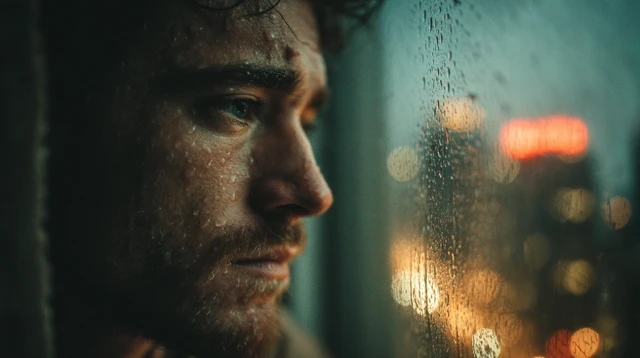 Man by Rain Window at Night Cinematic Shot