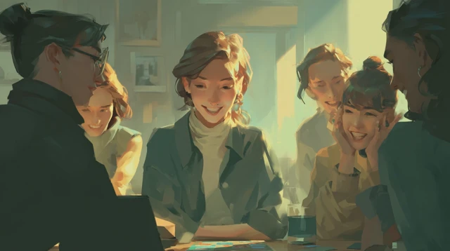Friends Playing Board Game with AI Subtle Integration