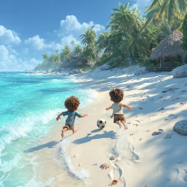 Kids Playing Soccer on a Tropical Beach in Maldives