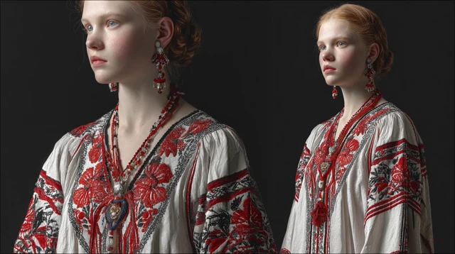 Slavic Woman in Dress with Russian Ornament Photorealistic