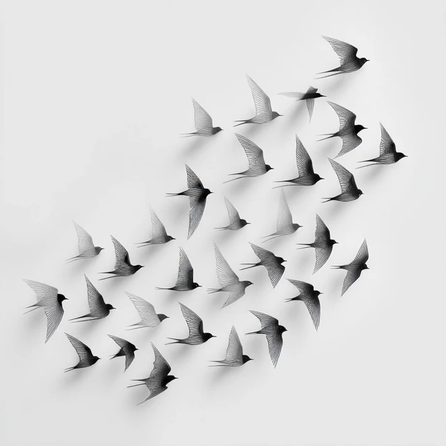 Flock of Birds Against White Background