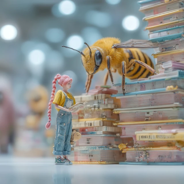 Giant Bookstore with Girl Bee Friend Macro Photography