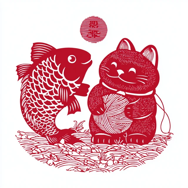 Chinese Paper Cut Art Koi Fish and Lucky Cat