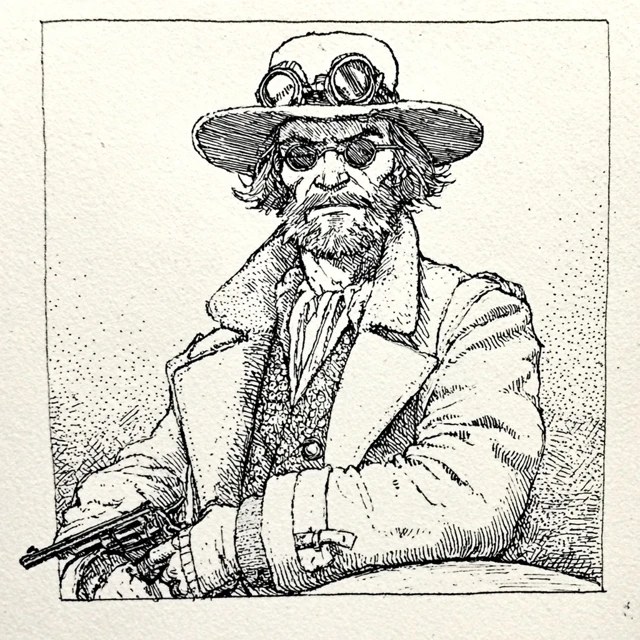 Tough Looking Bearded Man Smoking Pen and Ink Art