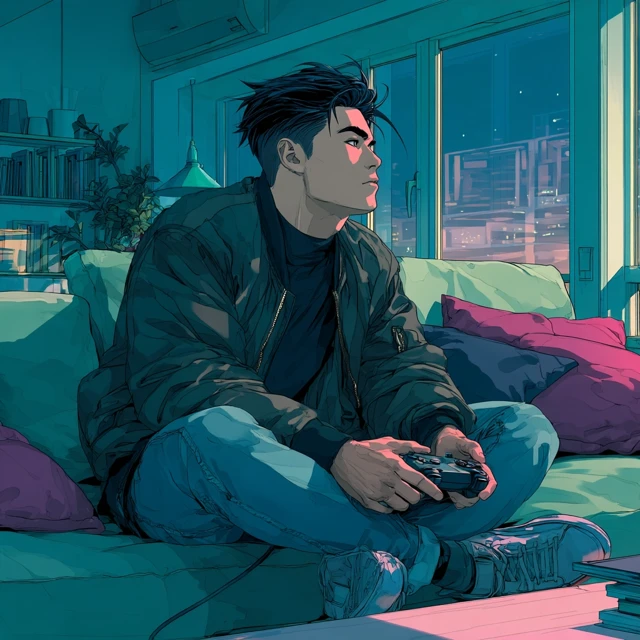 Anime Man Playing Video Games in Modern Apartment