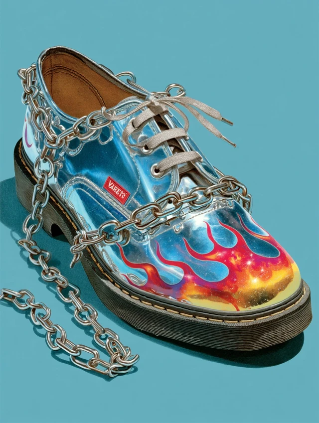 Chrome Chained Boot with Flames 80s Airbrush Art