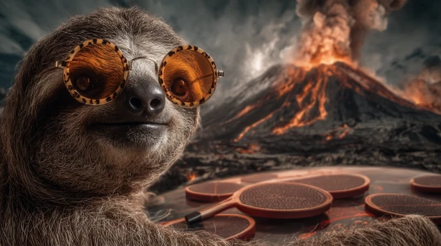 Sloth Playing Ping Pong on a Volcano