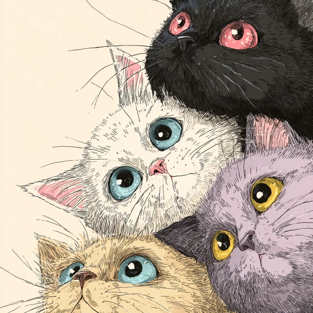 Cute Cats Illustration Colorful Eyes Stacked Up