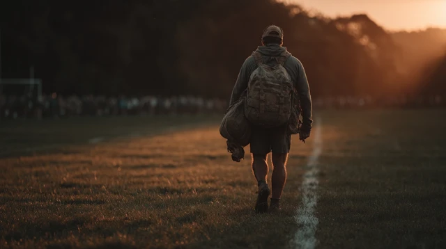 Soccer Coach Walking on Field at Sunset