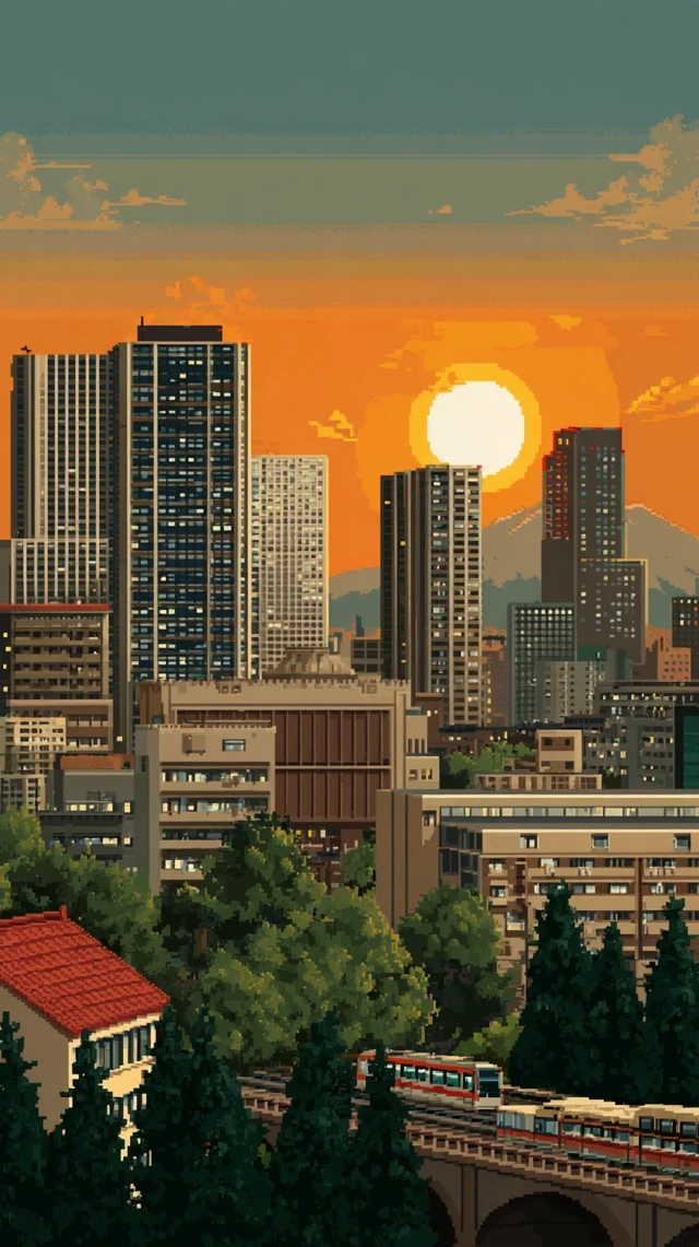 Pixel Art Japanese City Summer Sunset Scene