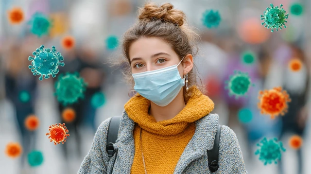 Woman with Mask in Crowd Virus Protection