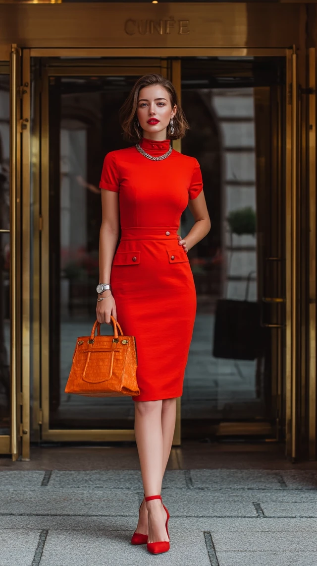 Elegant European Woman in Red Dress Urban Fashion