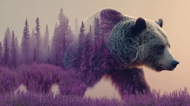 Grizzly Bear Double Exposure with Lavender Mountains