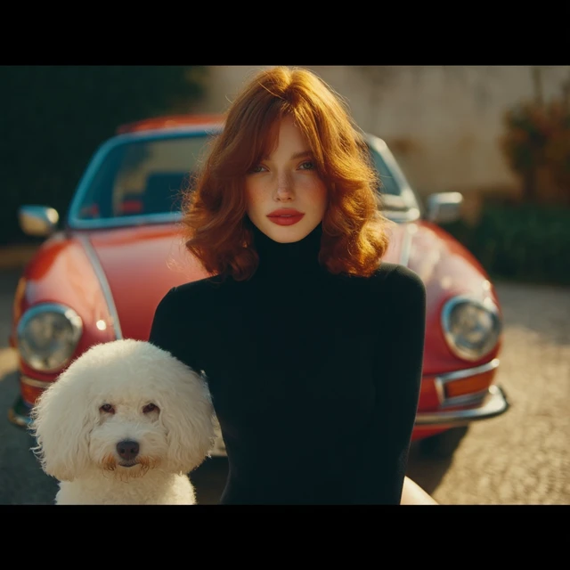 Woman with Bichon Dog and Classic Red Car