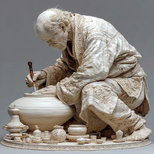 Monochromatic White Sculpture of a Potter