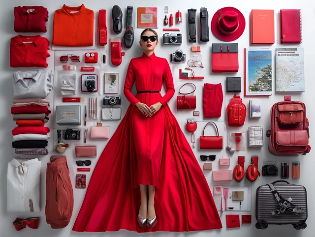 Red Fashion Poster Design: Woman and Accessories