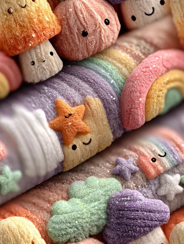 Kawaii Plush Fabric Pattern in Pastel Colors