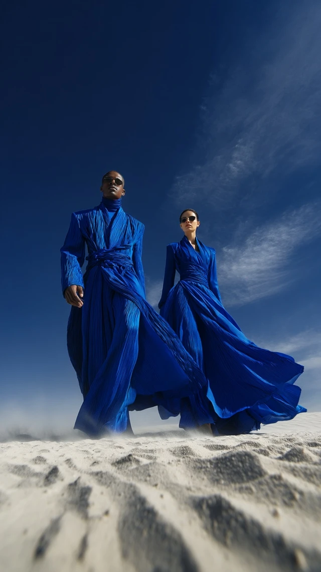 Fashion Editorial Desert in Klein Blue Couture Style