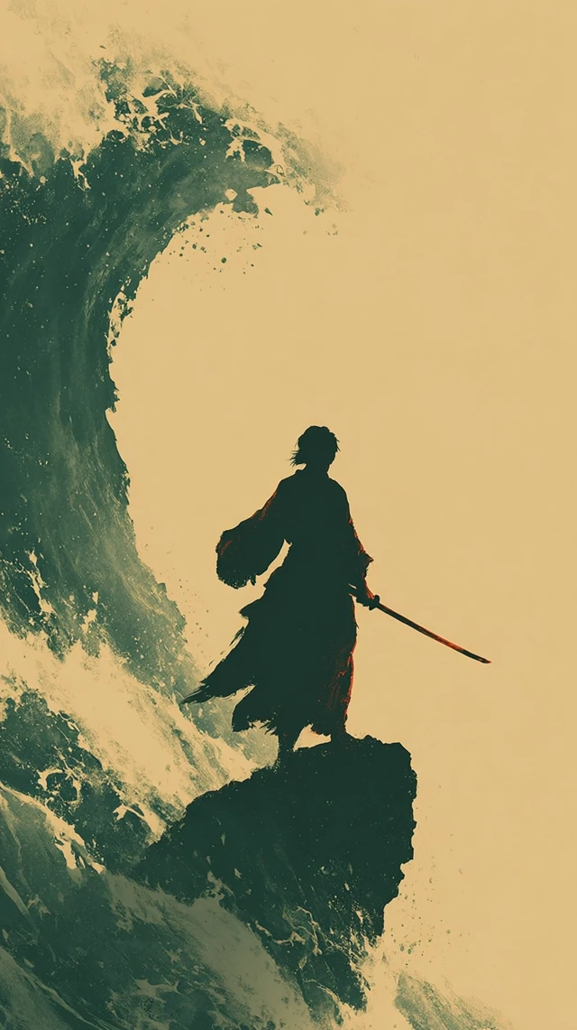 Female Swordsman on Cliff Ink Wash Painting
