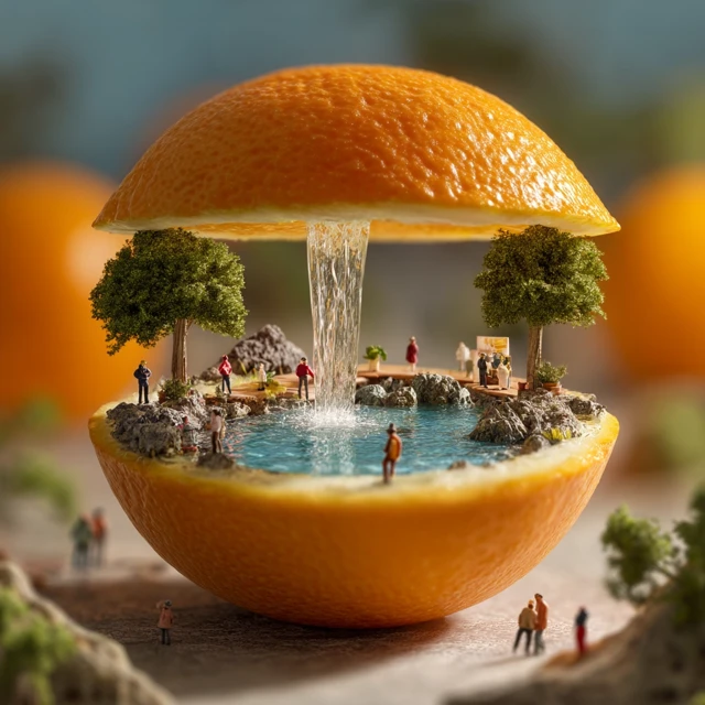Miniature World in an Orange: Whimsical Digital Art