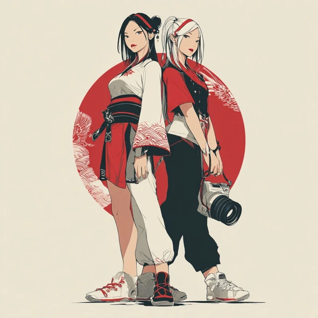 Japanese Priestesses Twin Sisters Anime Art