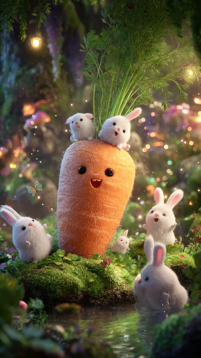 Giant Carrot with Bunnies in a Magical Pond