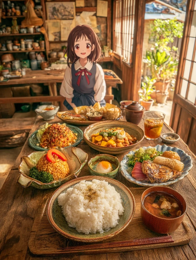 Anime Girl with Rice Dishes Cozy Japanese Scene
