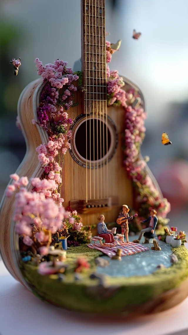 Spring Garden Inside Guitar: Miniature Picnic Scene