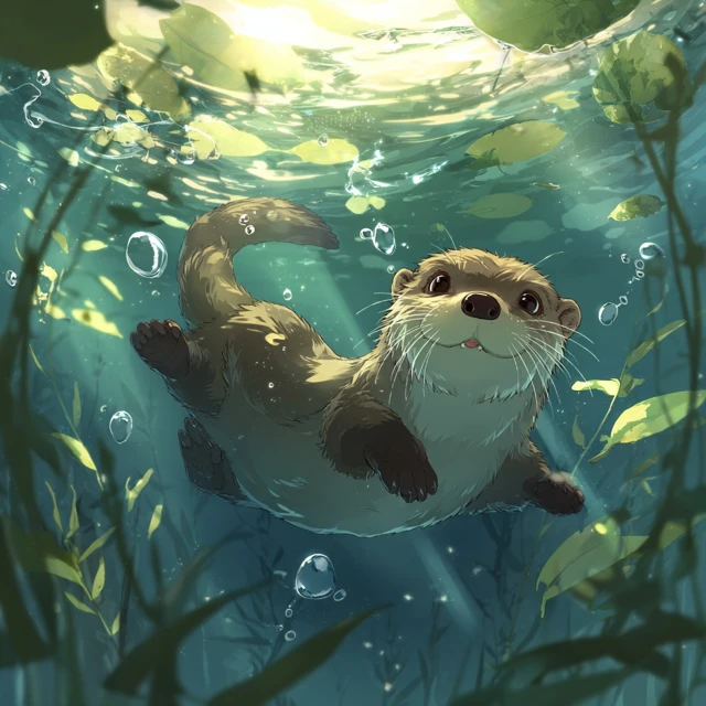 Cute Anime Otter Swimming Underwater